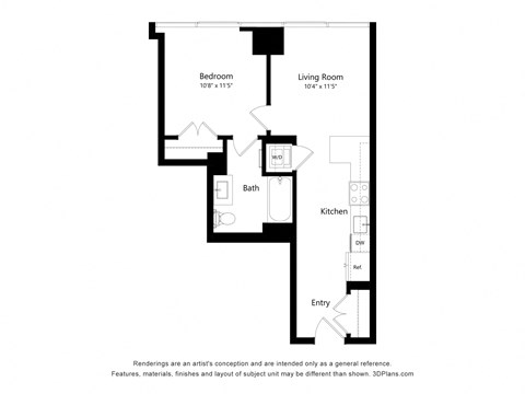 Floor plan for 1 bed, 1 bath, 537 sqft